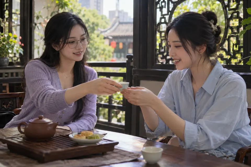 广州茶点与茶友交流场景，花窗旁摆放茶杯与茶点，朋友围坐交谈