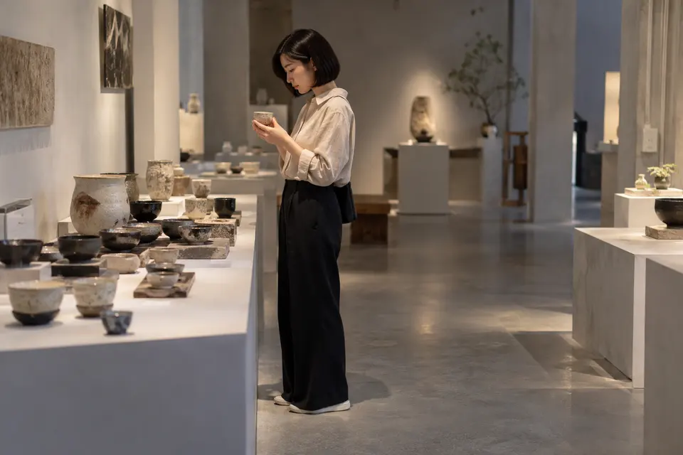 茶器展览与品饮现场，陶瓷茶器陈列，年轻女性在旁观看品饮